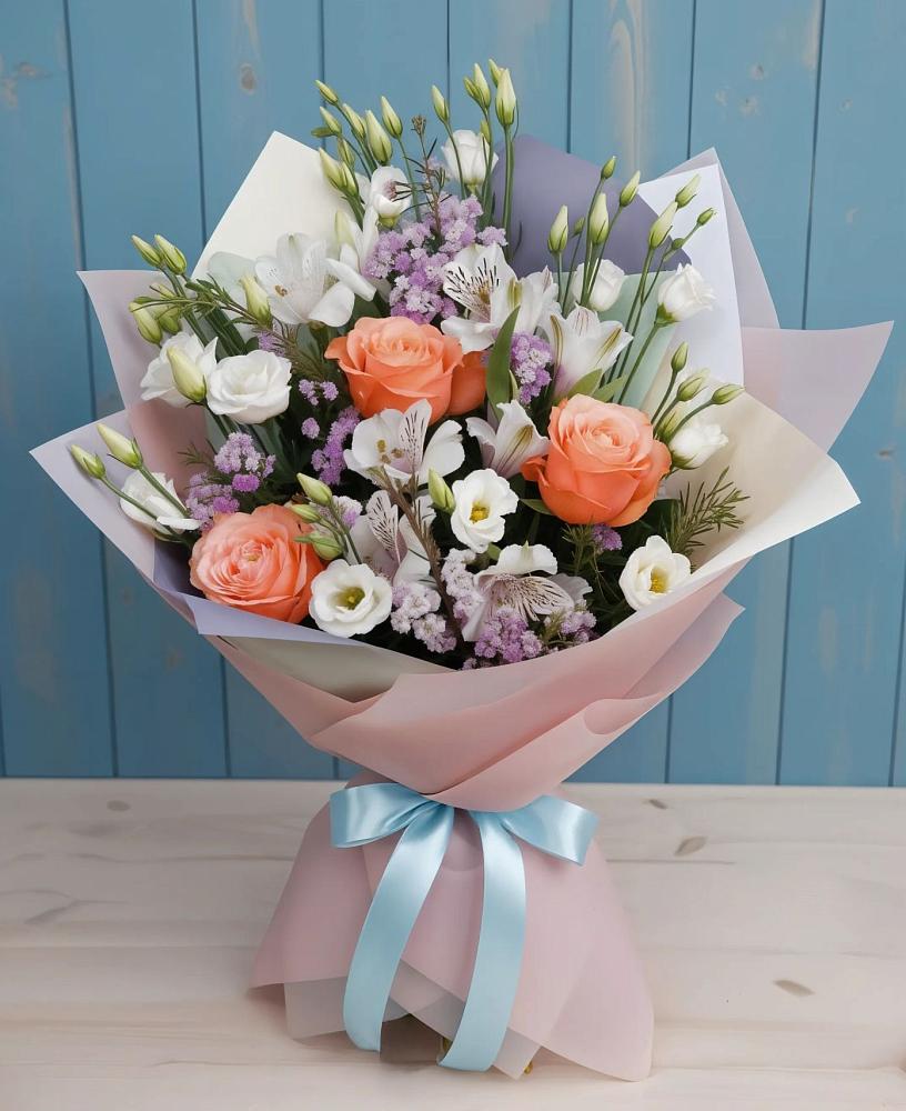 Букет цветов из: Лизиантусы, Розы, Альстромерии и Гипсофила в Якшур-Бодья