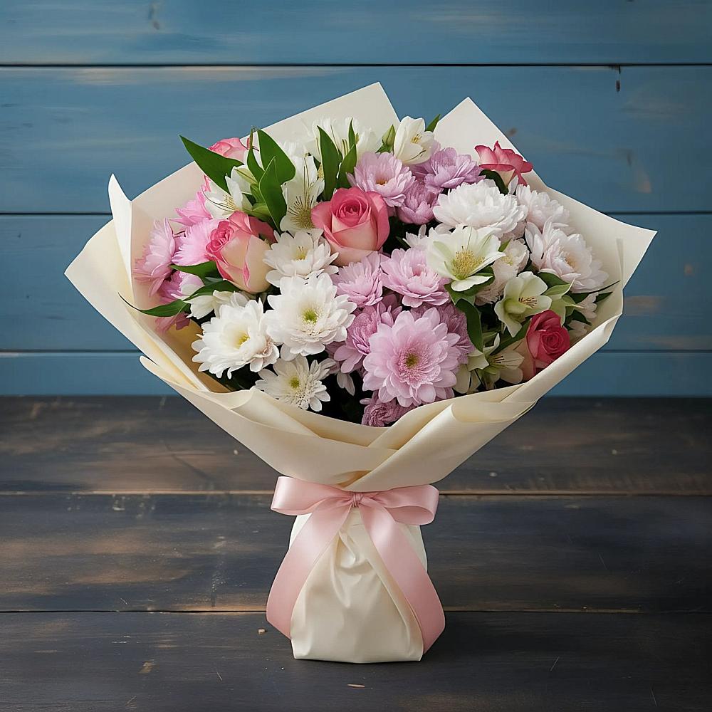 Букет цветов из: Хризантемы, Альстромерии и Розы в Якшур-Бодья